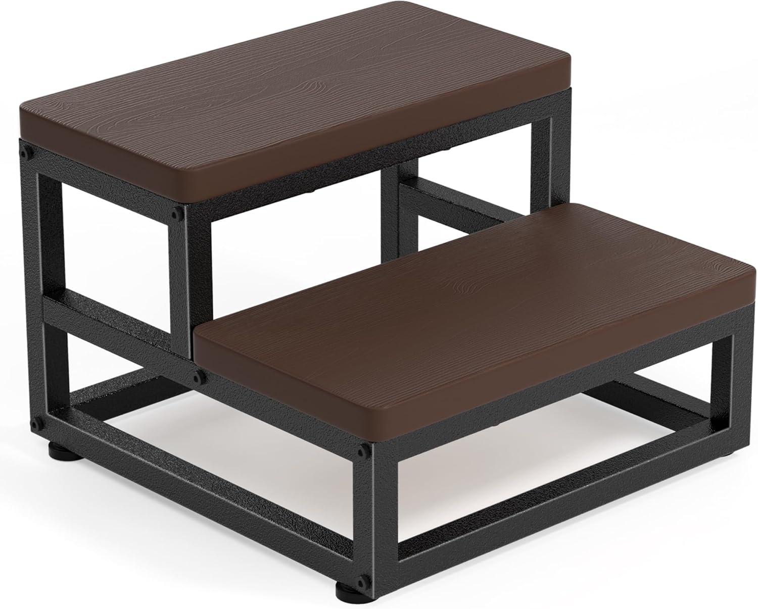 Y&M Two Step Stool for Adults Kids, Waterproof HPDE Bed Step Foot Stool with Adjustable Non-Slip Feet, Metal Frame Stepping for Kitchen Bathroom Bedroom Living Room, Indoor or Outdoor Use, Brown