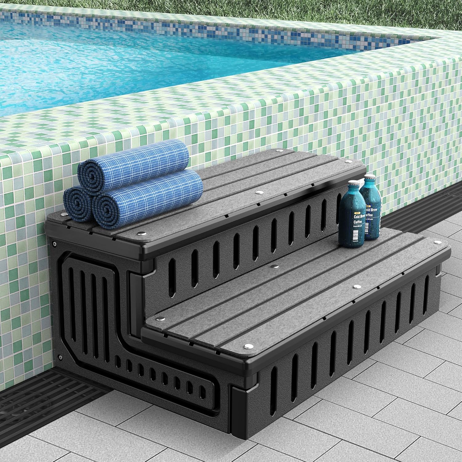 Universal Hot Tub Steps with Anti-Slip Mats,HDPE 2-Step Spa Stairs with Storage,Waterproof & Sturdy–Portable Stairs for Hot Tub/Camper/SPA Pool/Pet Stairs