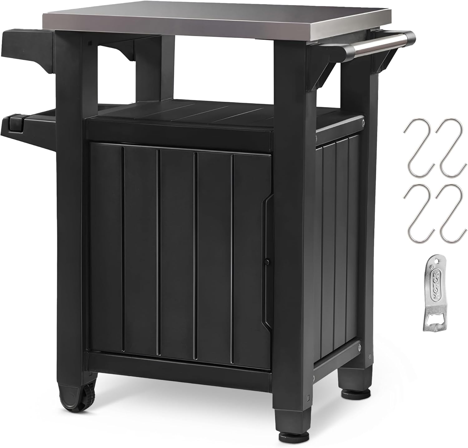 Keter Outdoor Grill Prep Table & Serving Cart, Stainless Steel Top, Unity, 40 Gal, Brown - Portable Bar Table and Cooking Accessory for Pool, Patio, Lawn, and Backyard