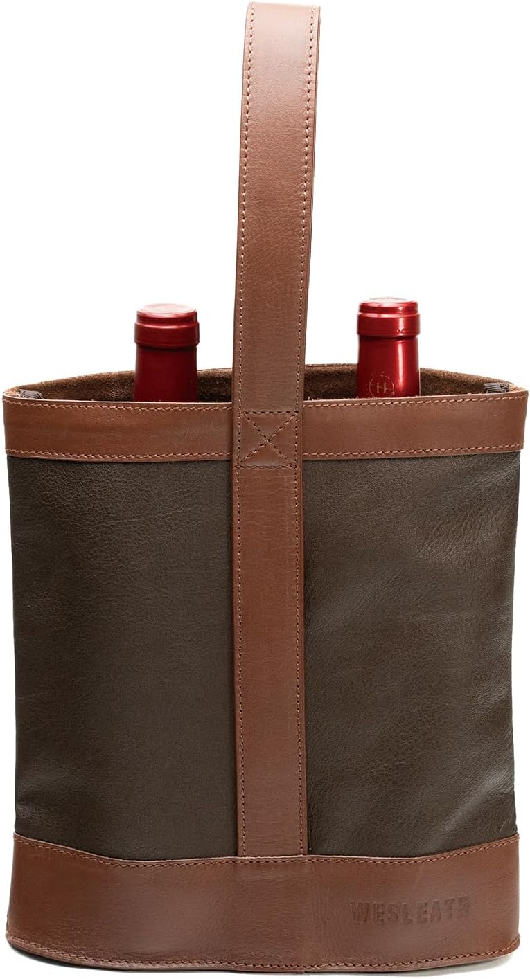 Double Wine Carrier Bag – Leather Wine Tote for Two Bottles with Handle – Protective Carrier for Picnic, Wine Champagne Gift Bag (Sunset)