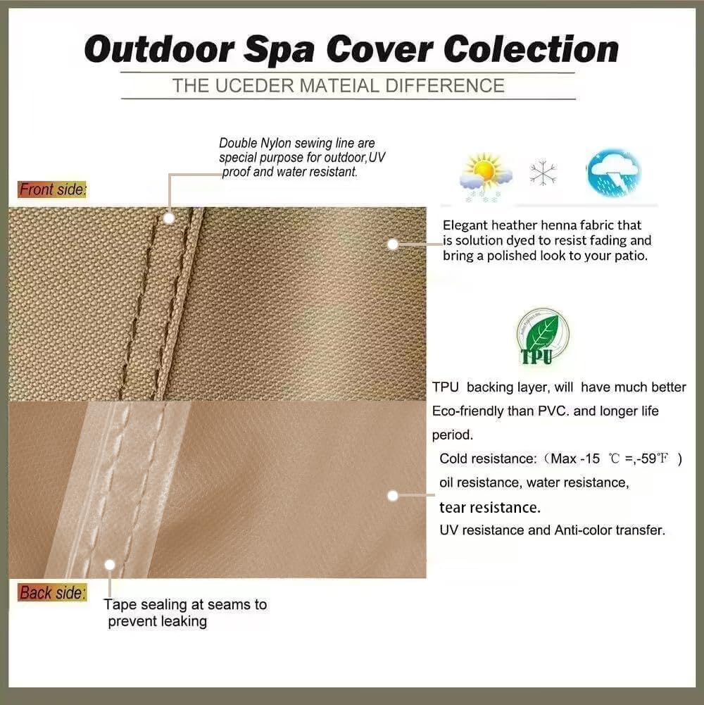 UCEDER Waterproof Hot Tub Cover Outdoor Spa Cover (91''x 91''x20) 600D Heavy Duty Polyester Hot Tub Cover Protector(Brown)