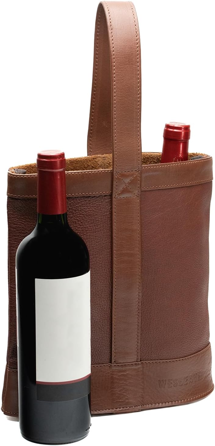Double Wine Carrier Bag – Leather Wine Tote for Two Bottles with Handle – Protective Carrier for Picnic, Wine Champagne Gift Bag (Sunset)