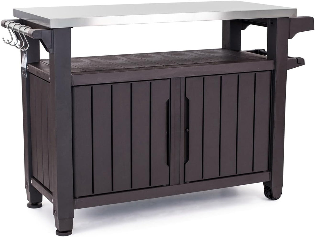 Keter Outdoor Grill Prep Table & Serving Cart, Stainless Steel Top, Unity, 40 Gal, Brown - Portable Bar Table and Cooking Accessory for Pool, Patio, Lawn, and Backyard