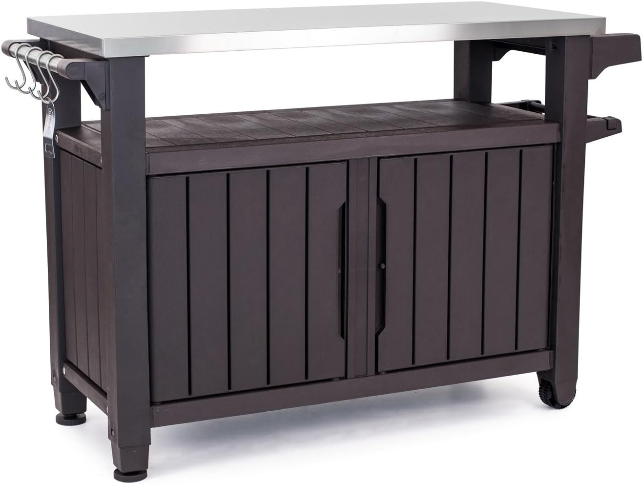 Keter Outdoor Grill Prep Table & Serving Cart, Stainless Steel Top, Unity, 40 Gal, Brown - Portable Bar Table and Cooking Accessory for Pool, Patio, Lawn, and Backyard