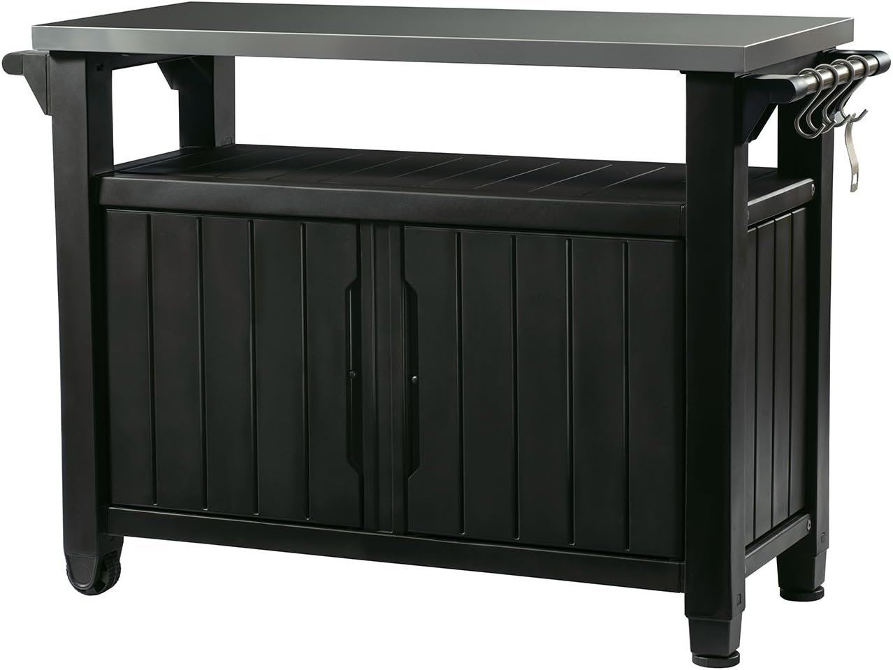 Keter Outdoor Grill Prep Table & Serving Cart, Stainless Steel Top, Unity, 40 Gal, Brown - Portable Bar Table and Cooking Accessory for Pool, Patio, Lawn, and Backyard