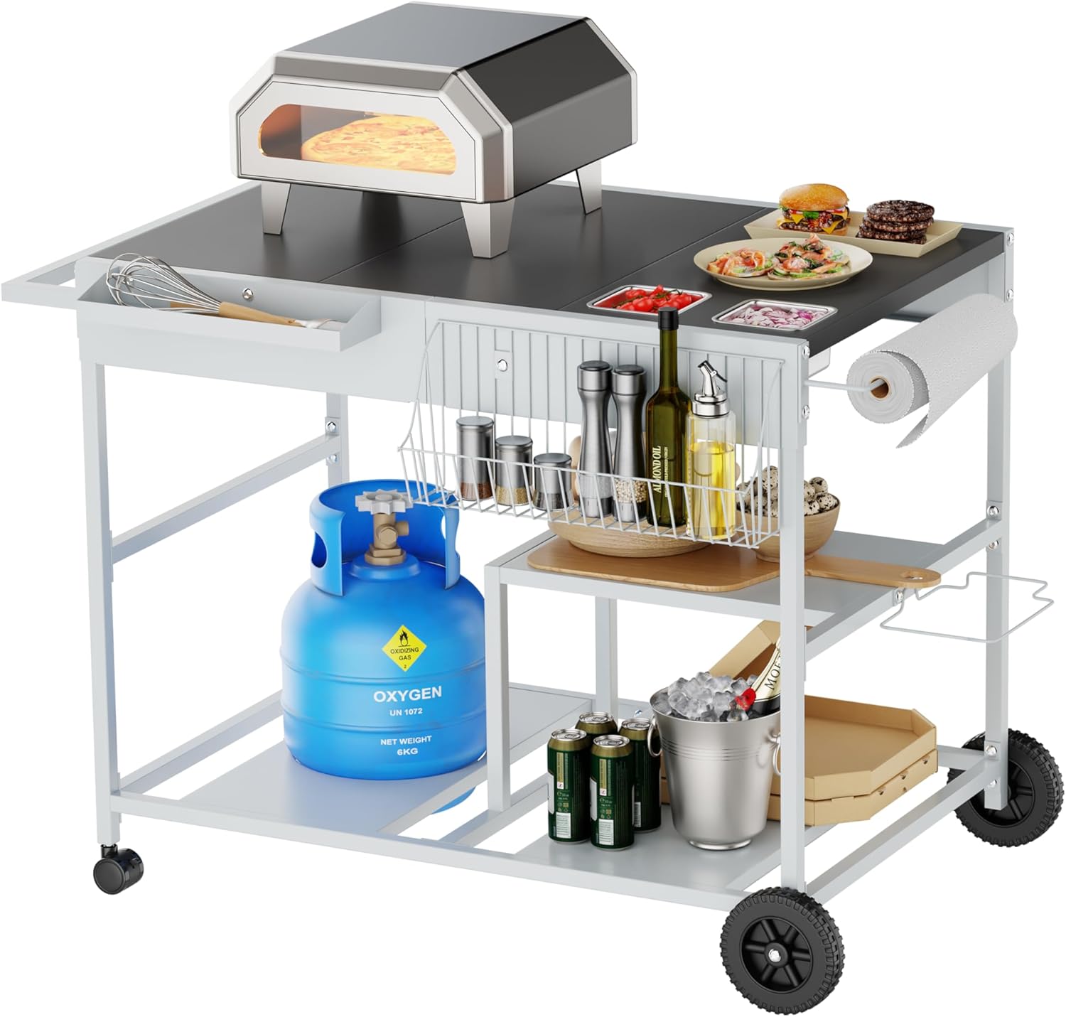 Vongrasig Grill Cart with Storage, Outdoor Bar Cart Rolling BBQ Movable Pizza Oven Table Stand with Foldable Stainless Steel Top & Storage Cabinet, Black