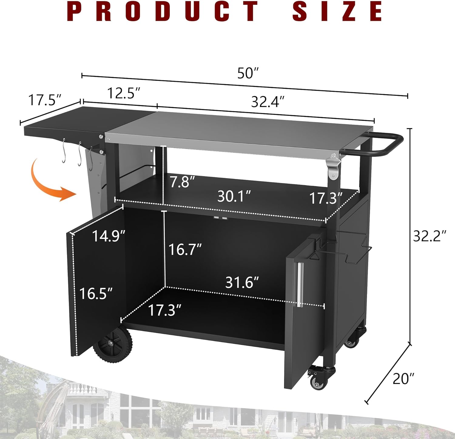 Vongrasig Grill Cart with Storage, Outdoor Bar Cart Rolling BBQ Movable Pizza Oven Table Stand with Foldable Stainless Steel Top & Storage Cabinet, Black