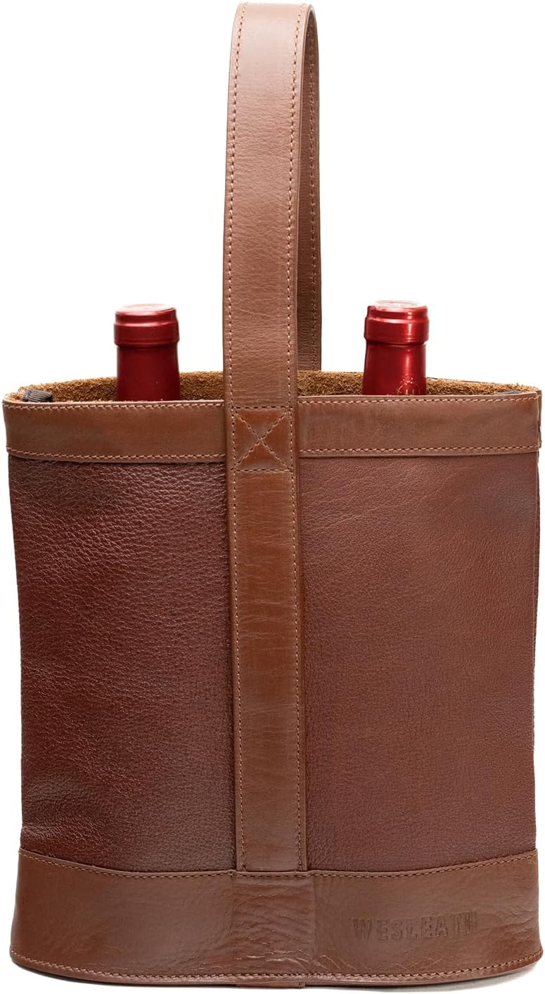 Double Wine Carrier Bag – Leather Wine Tote for Two Bottles with Handle – Protective Carrier for Picnic, Wine Champagne Gift Bag (Sunset)