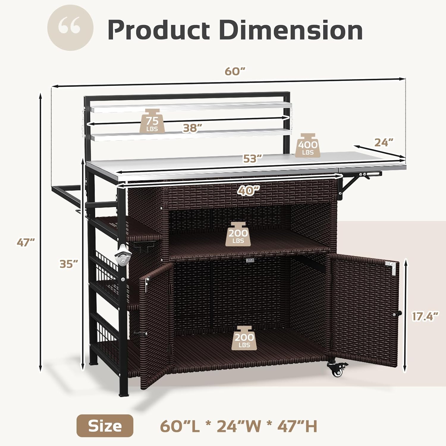 60'' Outdoor Grill Cart with Storage, Patio Kitchen Island on Wheels&Spice Rack, Wicker Outdoor Grill Cart with Extended Stainless Steel Table Top Outdoor for Home Party Outside BBQ Bar