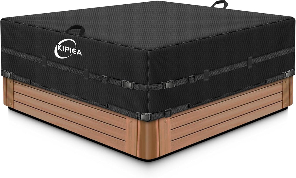Kipiea 600D Outdoor Waterproof Square Hot Tub Cover Protector, Heavy Duty Polyester SPA Cover UV Protection Cover 85" L x 85" W x 20" H, Black