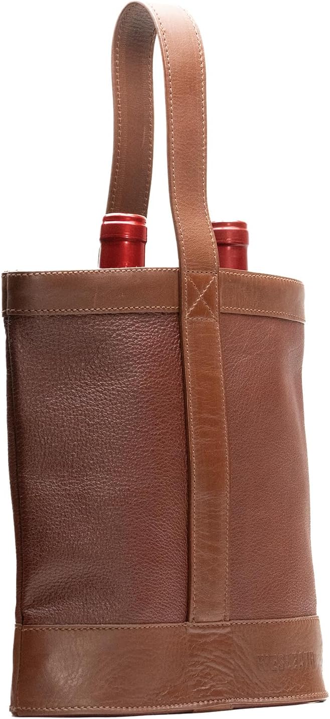 Double Wine Carrier Bag – Leather Wine Tote for Two Bottles with Handle – Protective Carrier for Picnic, Wine Champagne Gift Bag (Sunset)