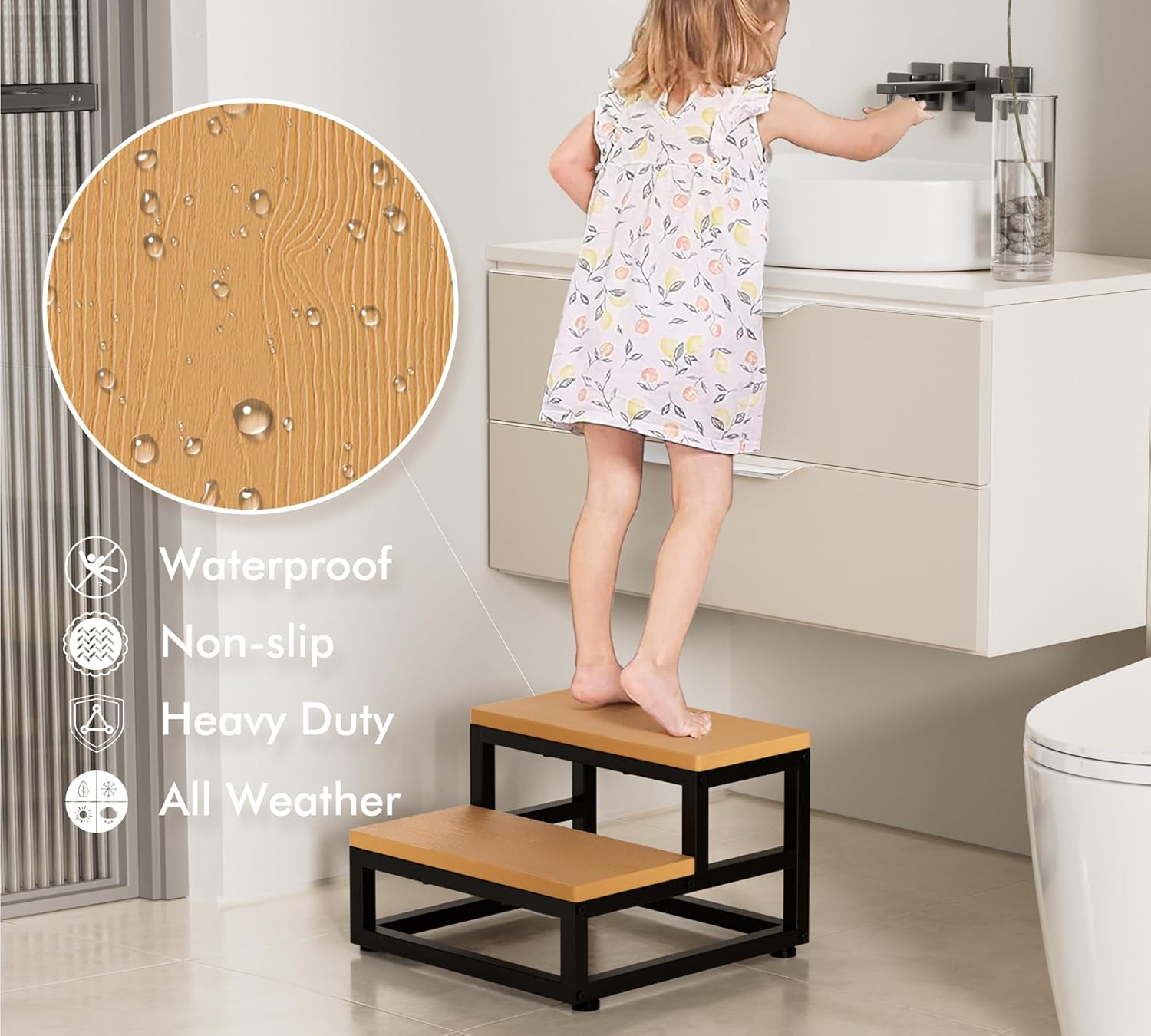 Y&M Two Step Stool for Adults Kids, Waterproof HPDE Bed Step Foot Stool with Adjustable Non-Slip Feet, Metal Frame Stepping for Kitchen Bathroom Bedroom Living Room, Indoor or Outdoor Use, Brown