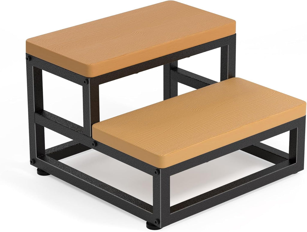 Y&M Two Step Stool for Adults Kids, Waterproof HPDE Bed Step Foot Stool with Adjustable Non-Slip Feet, Metal Frame Stepping for Kitchen Bathroom Bedroom Living Room, Indoor or Outdoor Use, Brown