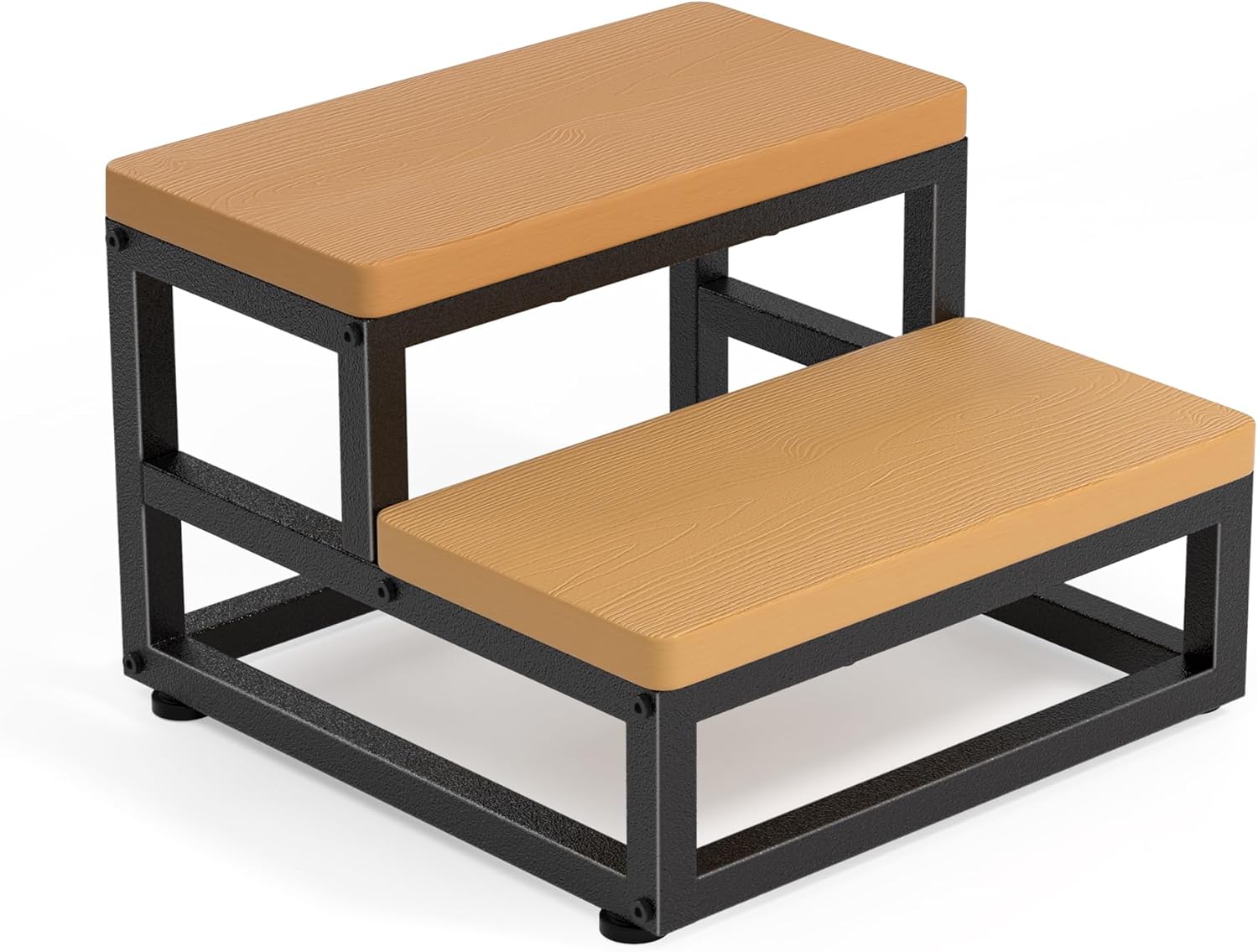 Y&M Two Step Stool for Adults Kids, Waterproof HPDE Bed Step Foot Stool with Adjustable Non-Slip Feet, Metal Frame Stepping for Kitchen Bathroom Bedroom Living Room, Indoor or Outdoor Use, Brown