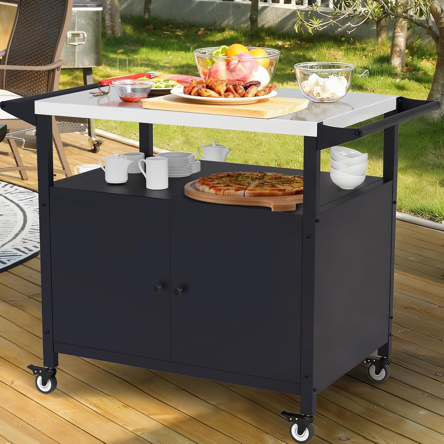 Outdoor Grill Table with Storage, Movable Grill Cart, Outdoor Kitchen Island Prep Stand Station,Blackstone Griddle Stand, BBQ Serving Cart Rolling Bar Cart with 4 Utensil Hooks