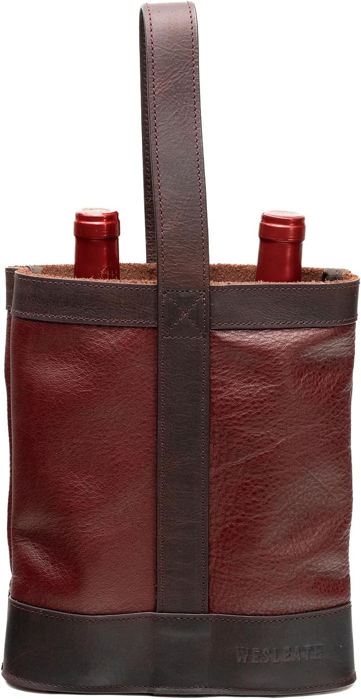 Double Wine Carrier Bag – Leather Wine Tote for Two Bottles with Handle – Protective Carrier for Picnic, Wine Champagne Gift Bag (Sunset)