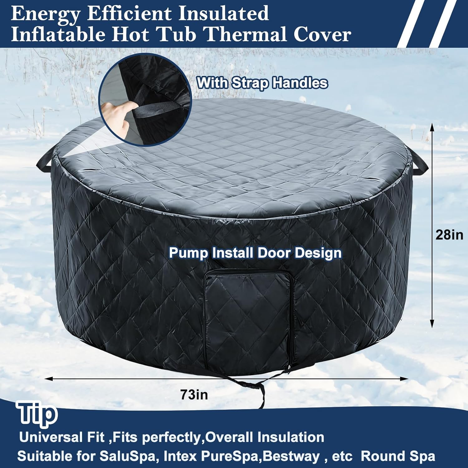 Insulated Inflatable Hot Tub Cover Round Full Coverage Hot Tub Thermal Cover Cap Dustproof Outdoor Energy Saving Spa Covers with Zipper Door and Adjustable Strap for Keeping Warm (Black, 73"D x 28"H)