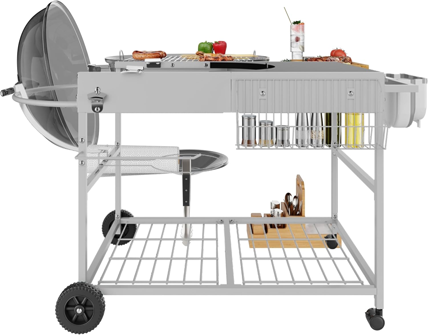Vongrasig Grill Cart with Storage, Outdoor Bar Cart Rolling BBQ Movable Pizza Oven Table Stand with Foldable Stainless Steel Top & Storage Cabinet, Black