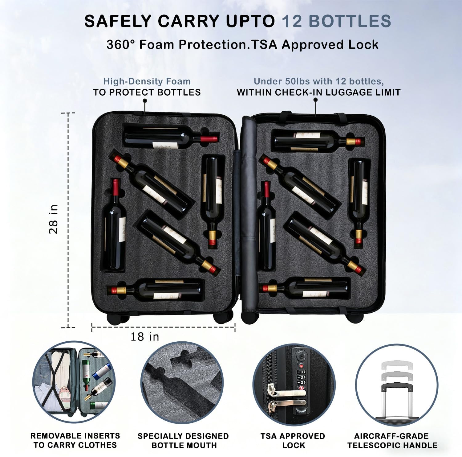 2025 Upgraded Wine Suitcase for Airplanes 12 Bottle, Thickened Wine Luggage for Airplane Travel with TSA Approved Lock and 360֯ Rotating Wheels, Wines Travel Suitcase with Removable Insert