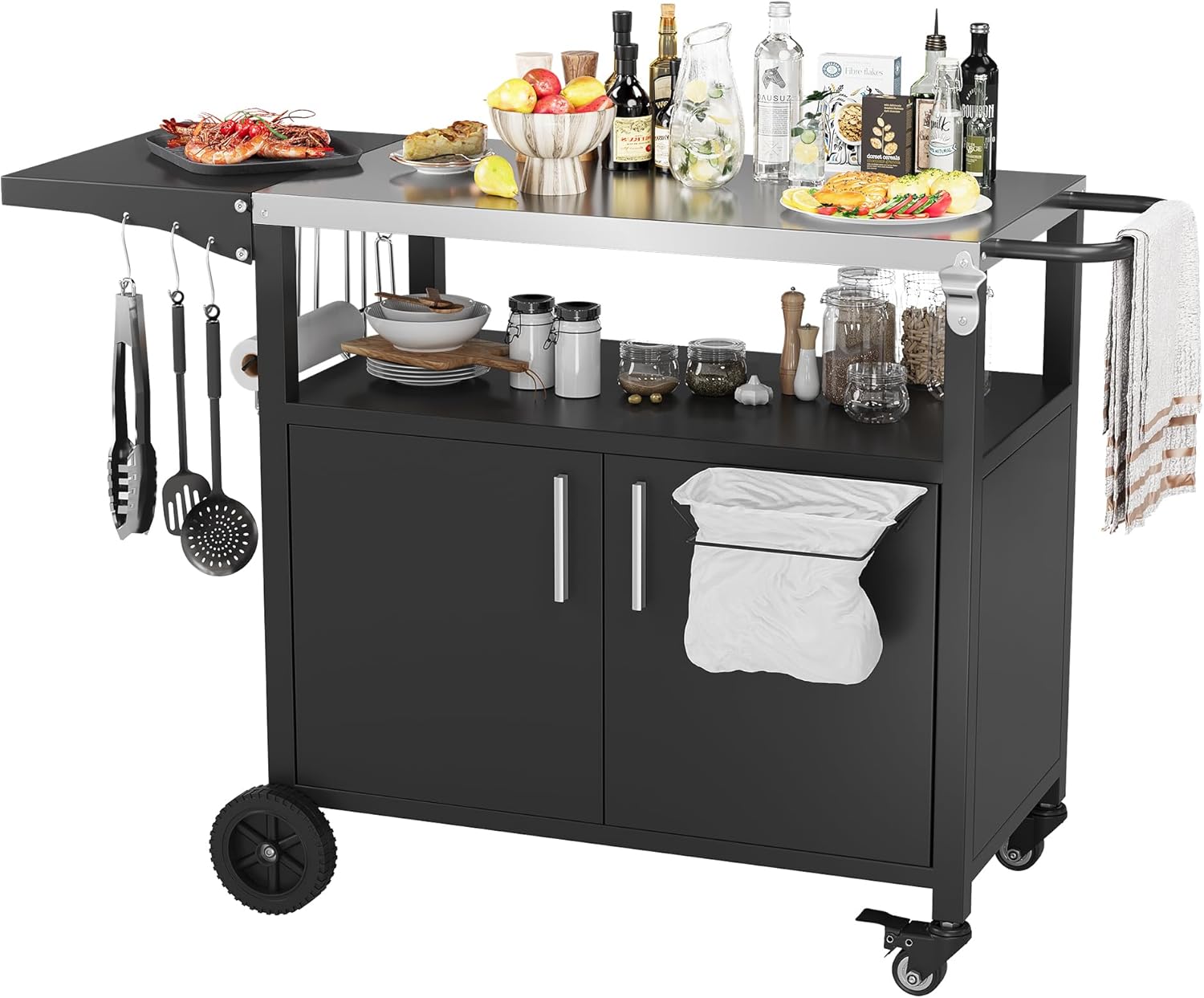 Vongrasig Grill Cart with Storage, Outdoor Bar Cart Rolling BBQ Movable Pizza Oven Table Stand with Foldable Stainless Steel Top & Storage Cabinet, Black
