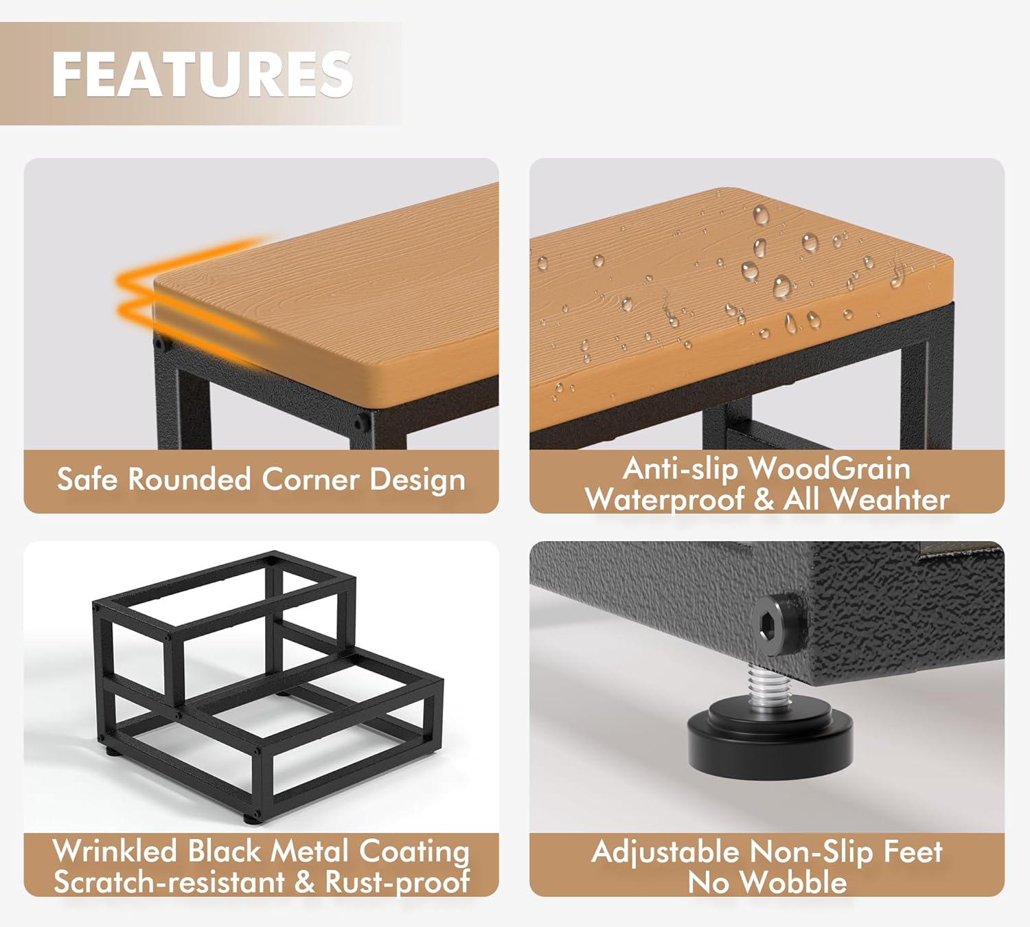 Y&M Two Step Stool for Adults Kids, Waterproof HPDE Bed Step Foot Stool with Adjustable Non-Slip Feet, Metal Frame Stepping for Kitchen Bathroom Bedroom Living Room, Indoor or Outdoor Use, Brown