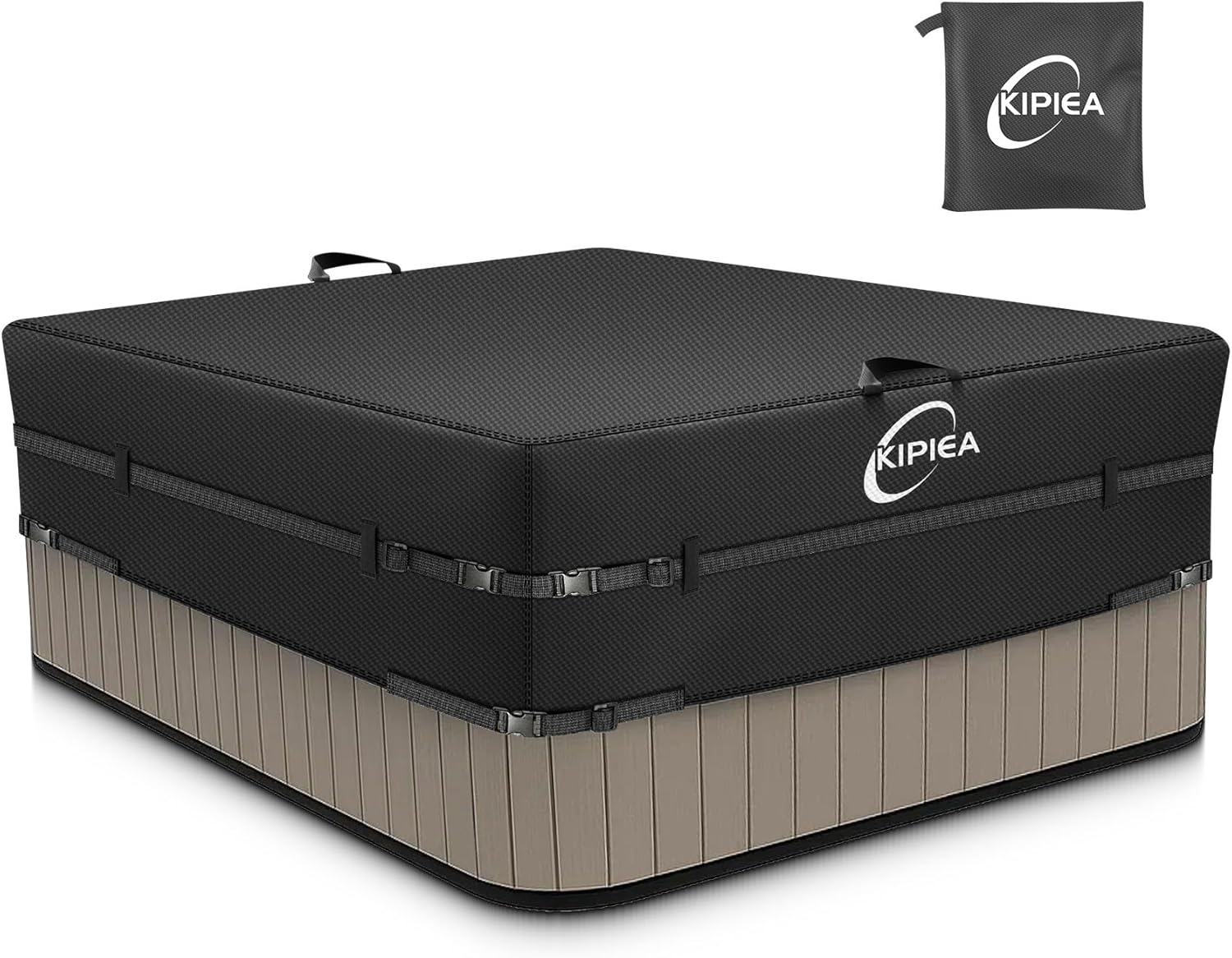 Kipiea 600D Outdoor Waterproof Square Hot Tub Cover Protector, Heavy Duty Polyester SPA Cover UV Protection Cover 85" L x 85" W x 20" H, Black