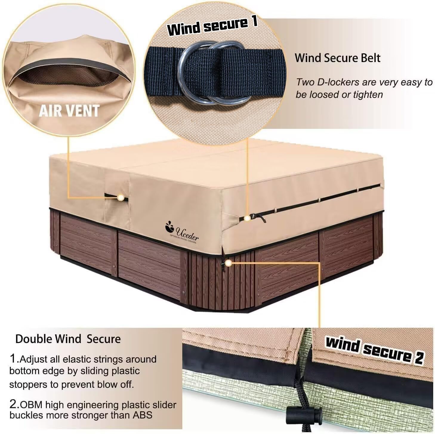 UCEDER Waterproof Hot Tub Cover Outdoor Spa Cover (91''x 91''x20) 600D Heavy Duty Polyester Hot Tub Cover Protector(Brown)
