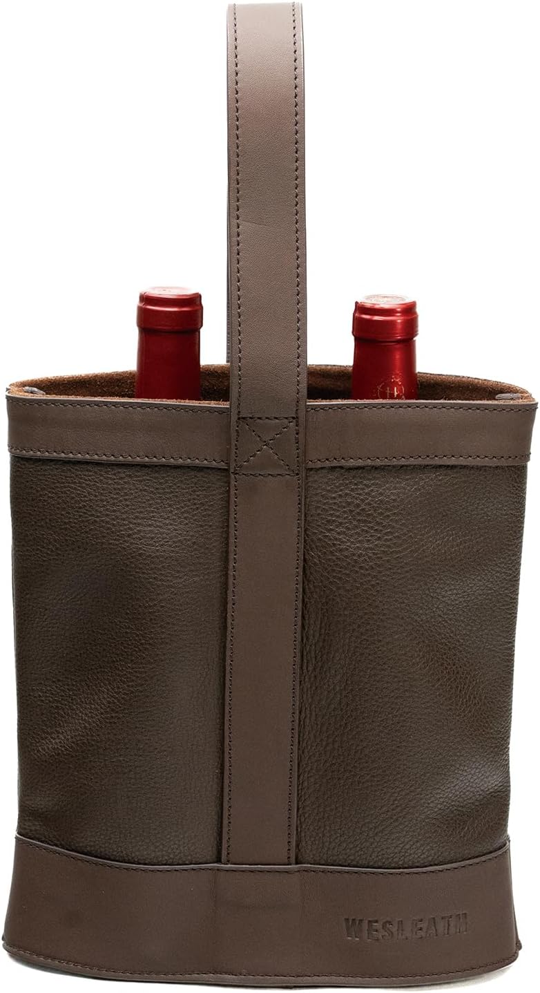 Double Wine Carrier Bag – Leather Wine Tote for Two Bottles with Handle – Protective Carrier for Picnic, Wine Champagne Gift Bag (Sunset)