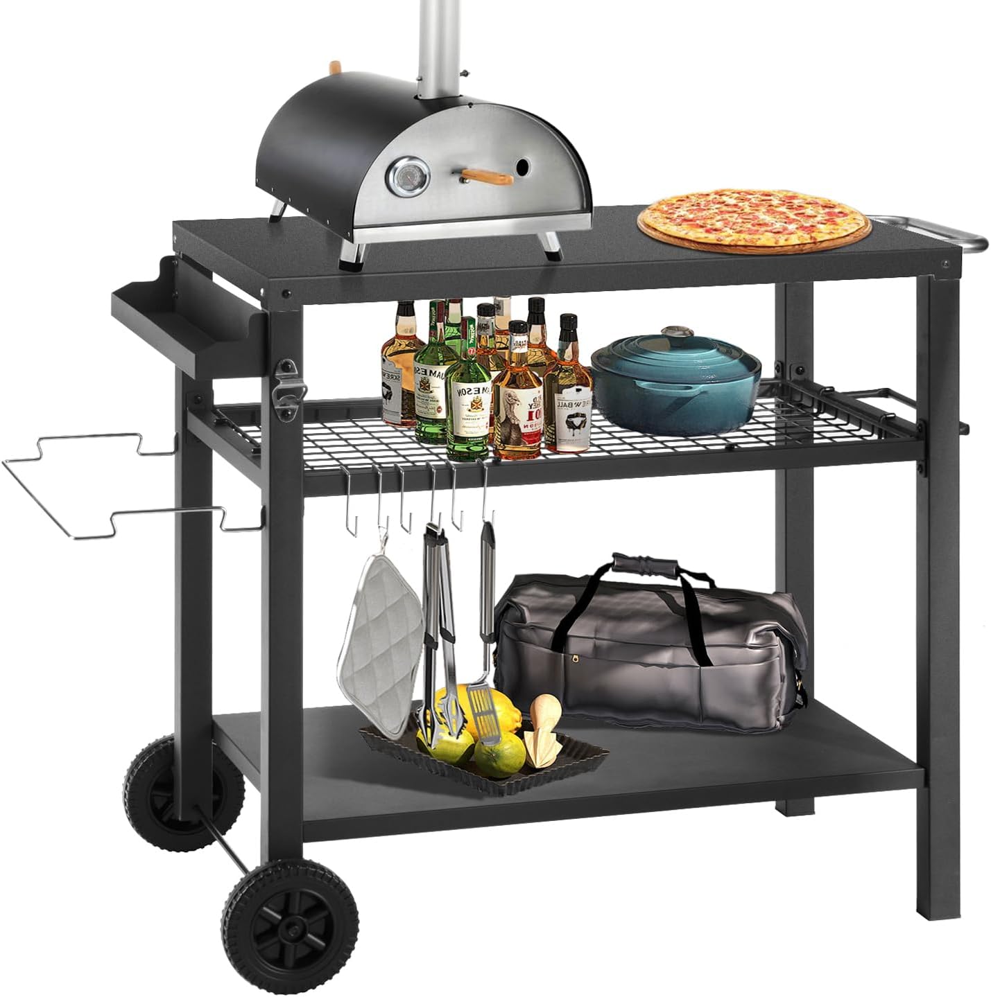 Grill Cart Table with Big Storage Cabinet, Movable Outdoor Dining Cart Pizza Oven Stand, Kitchen Cart Island Multifunction Food Prep Table Stainless Steel Surface