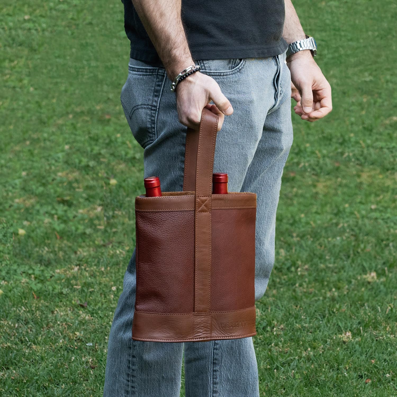 Double Wine Carrier Bag – Leather Wine Tote for Two Bottles with Handle – Protective Carrier for Picnic, Wine Champagne Gift Bag (Sunset)