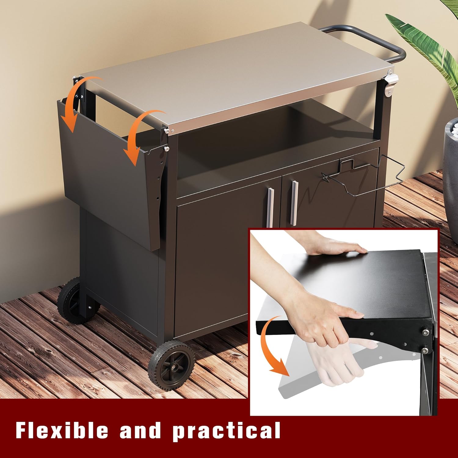 Vongrasig Grill Cart with Storage, Outdoor Bar Cart Rolling BBQ Movable Pizza Oven Table Stand with Foldable Stainless Steel Top & Storage Cabinet, Black