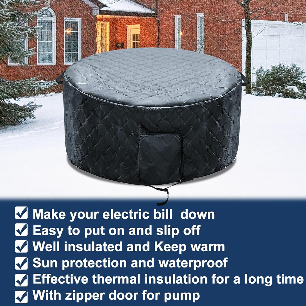 Insulated Inflatable Hot Tub Cover Round Full Coverage Hot Tub Thermal Cover Cap Dustproof Outdoor Energy Saving Spa Covers with Zipper Door and Adjustable Strap for Keeping Warm (Black, 73"D x 28"H)