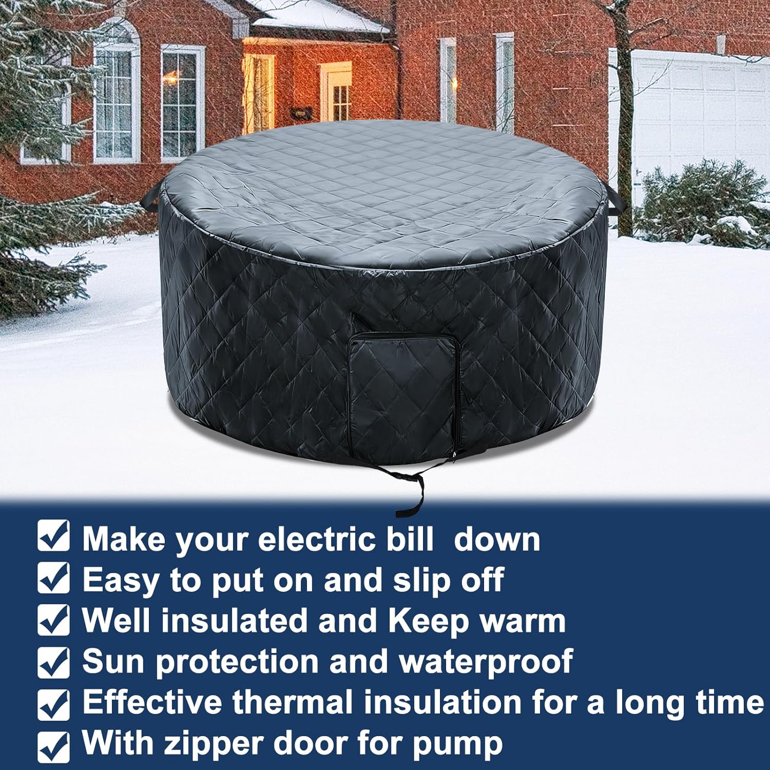 Insulated Inflatable Hot Tub Cover Round Full Coverage Hot Tub Thermal Cover Cap Dustproof Outdoor Energy Saving Spa Covers with Zipper Door and Adjustable Strap for Keeping Warm (Black, 73"D x 28"H)