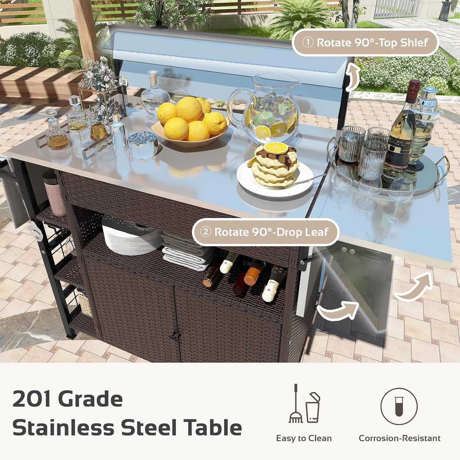 60'' Outdoor Grill Cart with Storage, Patio Kitchen Island on Wheels&Spice Rack, Wicker Outdoor Grill Cart with Extended Stainless Steel Table Top Outdoor for Home Party Outside BBQ Bar