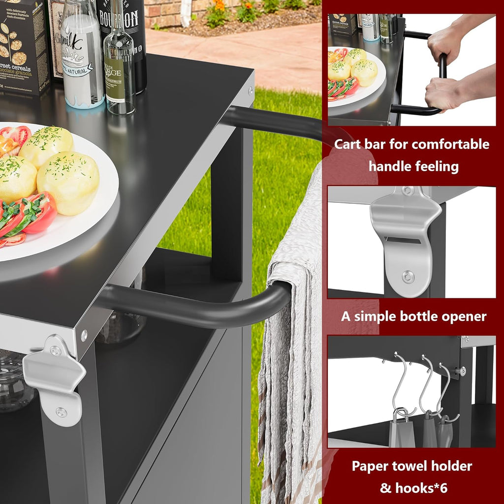 Vongrasig Grill Cart with Storage, Outdoor Bar Cart Rolling BBQ Movable Pizza Oven Table Stand with Foldable Stainless Steel Top & Storage Cabinet, Black