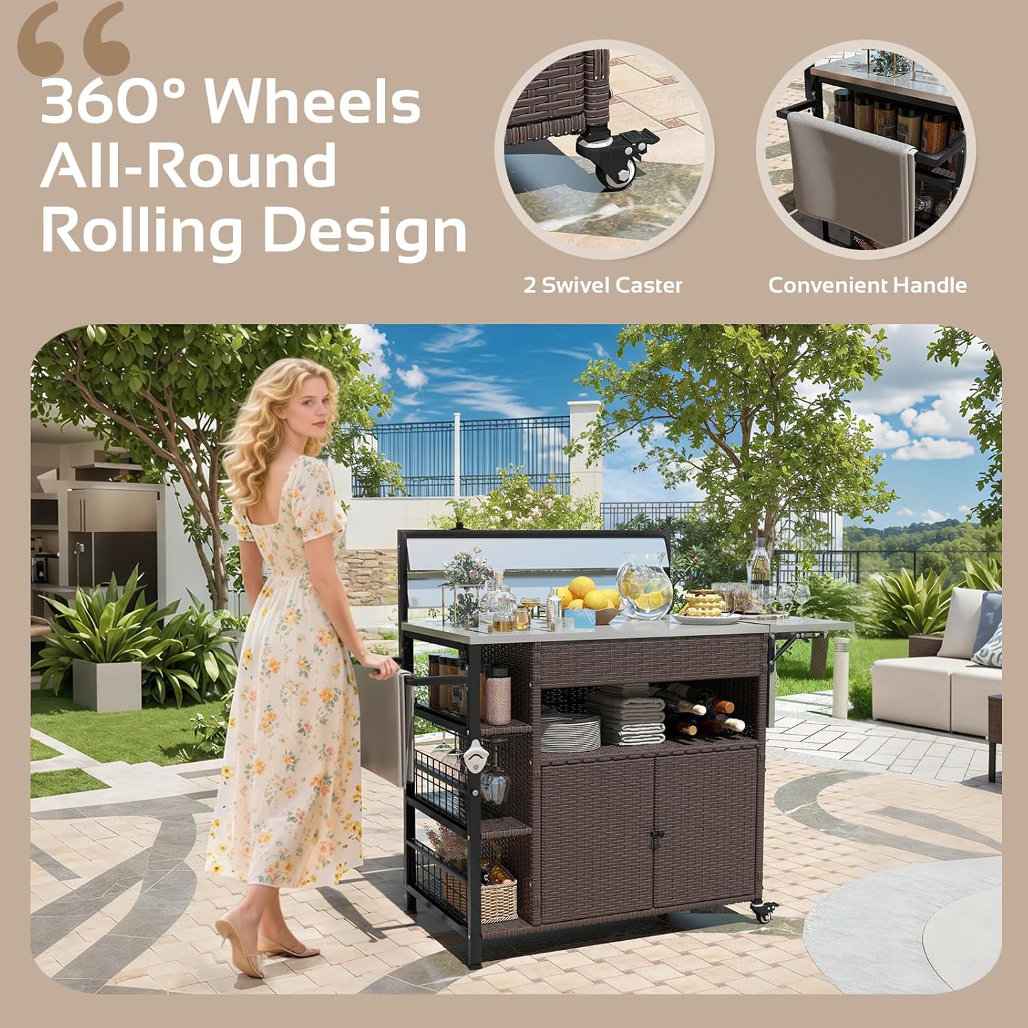 60'' Outdoor Grill Cart with Storage, Patio Kitchen Island on Wheels&Spice Rack, Wicker Outdoor Grill Cart with Extended Stainless Steel Table Top Outdoor for Home Party Outside BBQ Bar