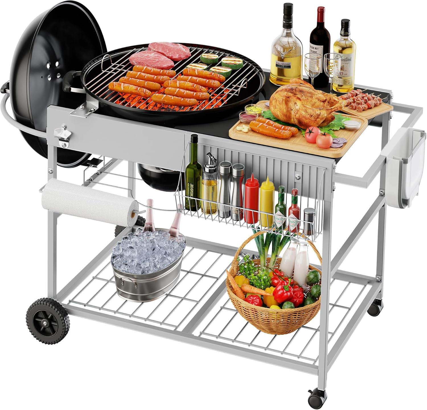 JY QAQA Outdoor Grill Cart with Storage,Patio Kitchen Island Outdoor Grill Table with Wheels,BBQ Cart Movable Pizza Oven Table Stand, Storage Cabinet, Foldable Tabletop, (Black)