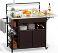 60'' Outdoor Grill Cart with Storage, Patio Kitchen Island on Wheels&Spice Rack, Wicker Outdoor Grill Cart with Extended Stainless Steel Table Top Outdoor for Home Party Outside BBQ Bar