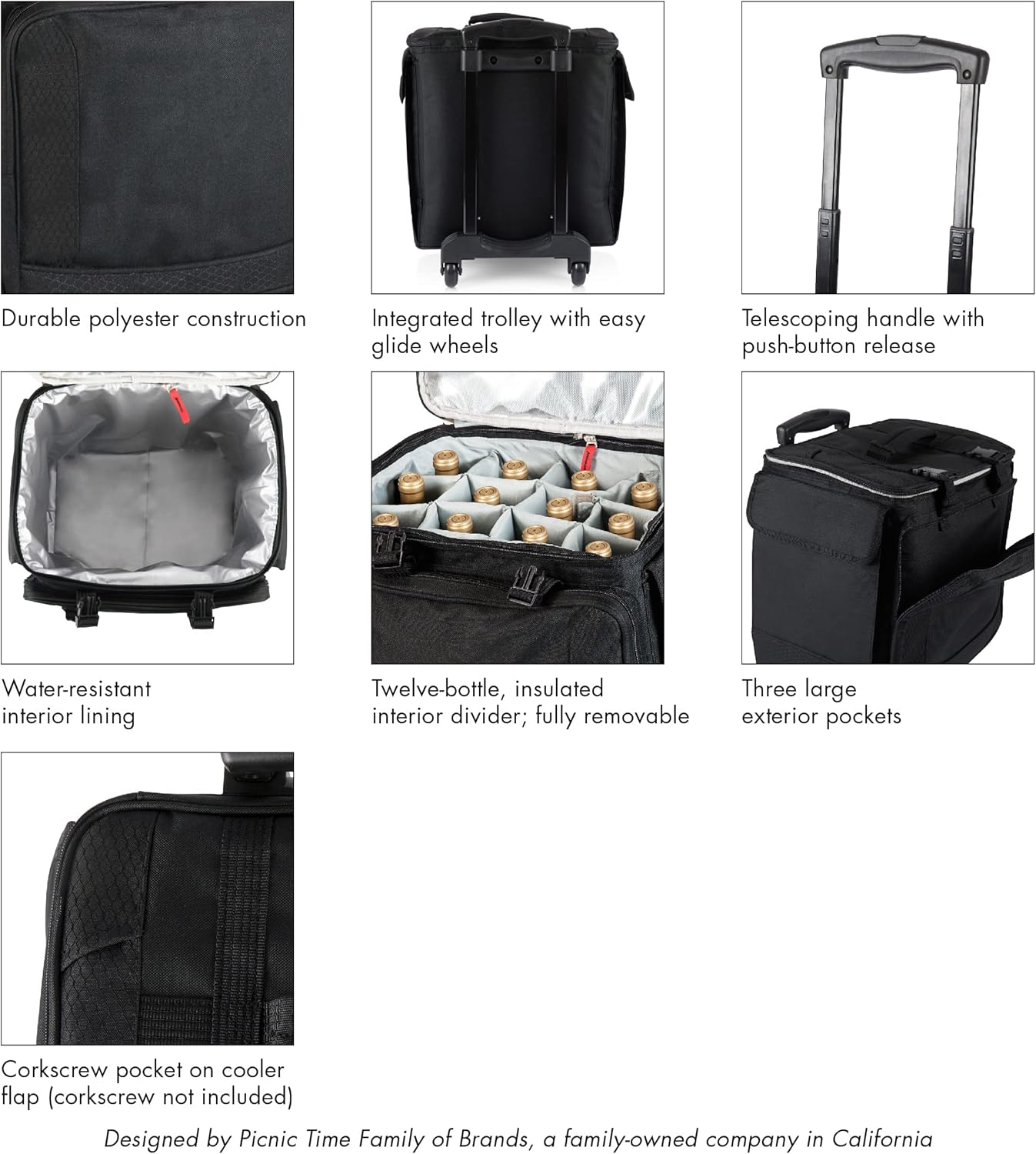 LEGACY - a Picnic Time Brand Bodega Rolling Wine Cooler, Insulated 12-Bottle Tote with Integrated Trolley and Luggage, (Black)