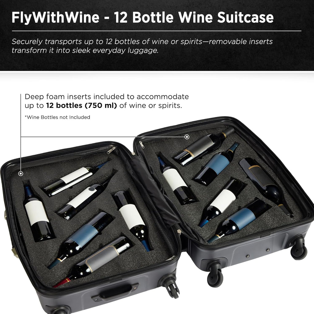 FlyWithWine® by VinGardeValise 12 Bottle Hard Shell Wine Suitcase with Hinomoto 360 Degree Spinner Wheels for Airplanes, TSA Approved Wine Luggage with Removable Foam Insert