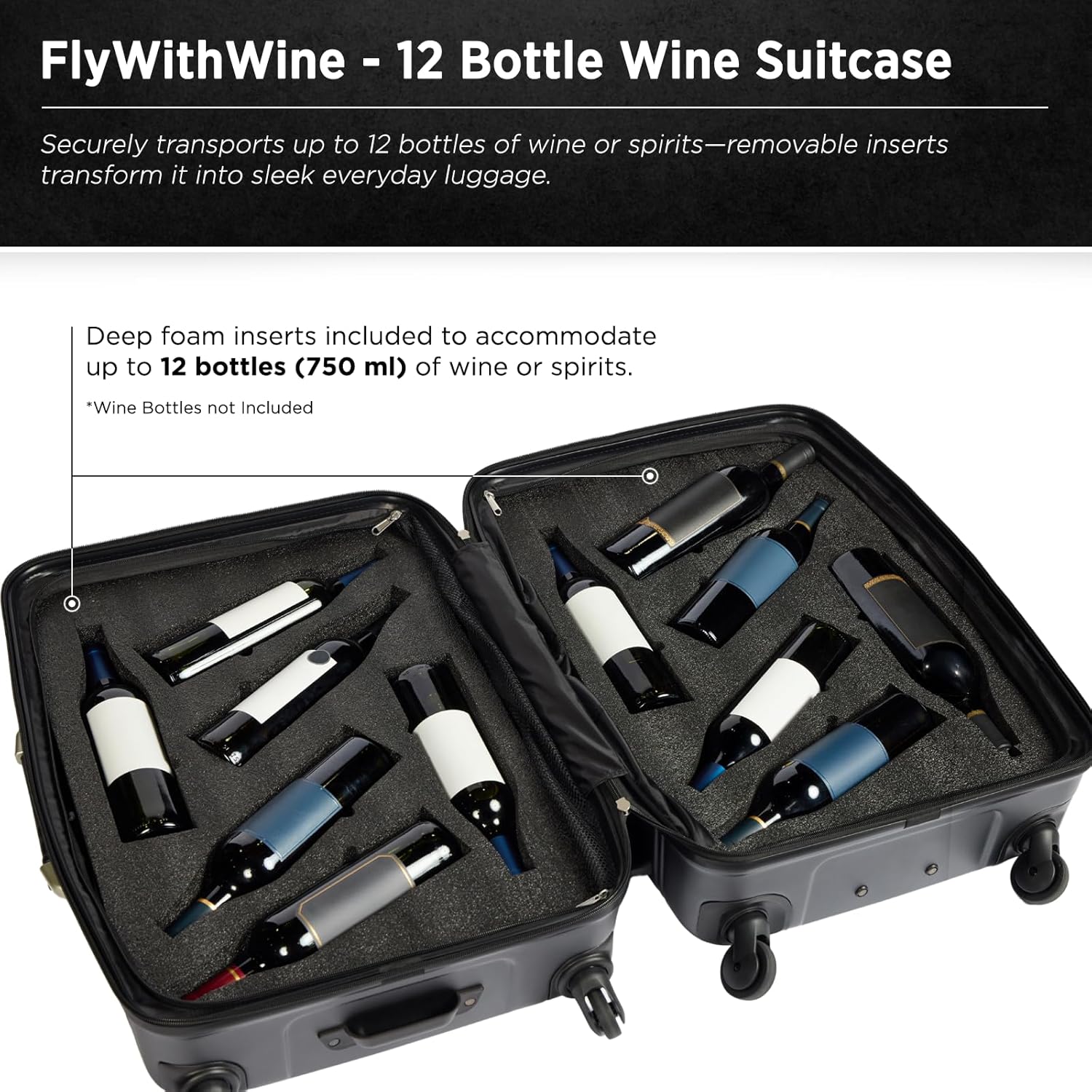 FlyWithWine® by VinGardeValise 12 Bottle Hard Shell Wine Suitcase with Hinomoto 360 Degree Spinner Wheels for Airplanes, TSA Approved Wine Luggage with Removable Foam Insert
