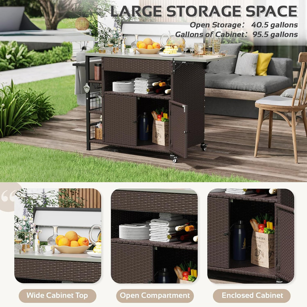 60'' Outdoor Grill Cart with Storage, Patio Kitchen Island on Wheels&Spice Rack, Wicker Outdoor Grill Cart with Extended Stainless Steel Table Top Outdoor for Home Party Outside BBQ Bar