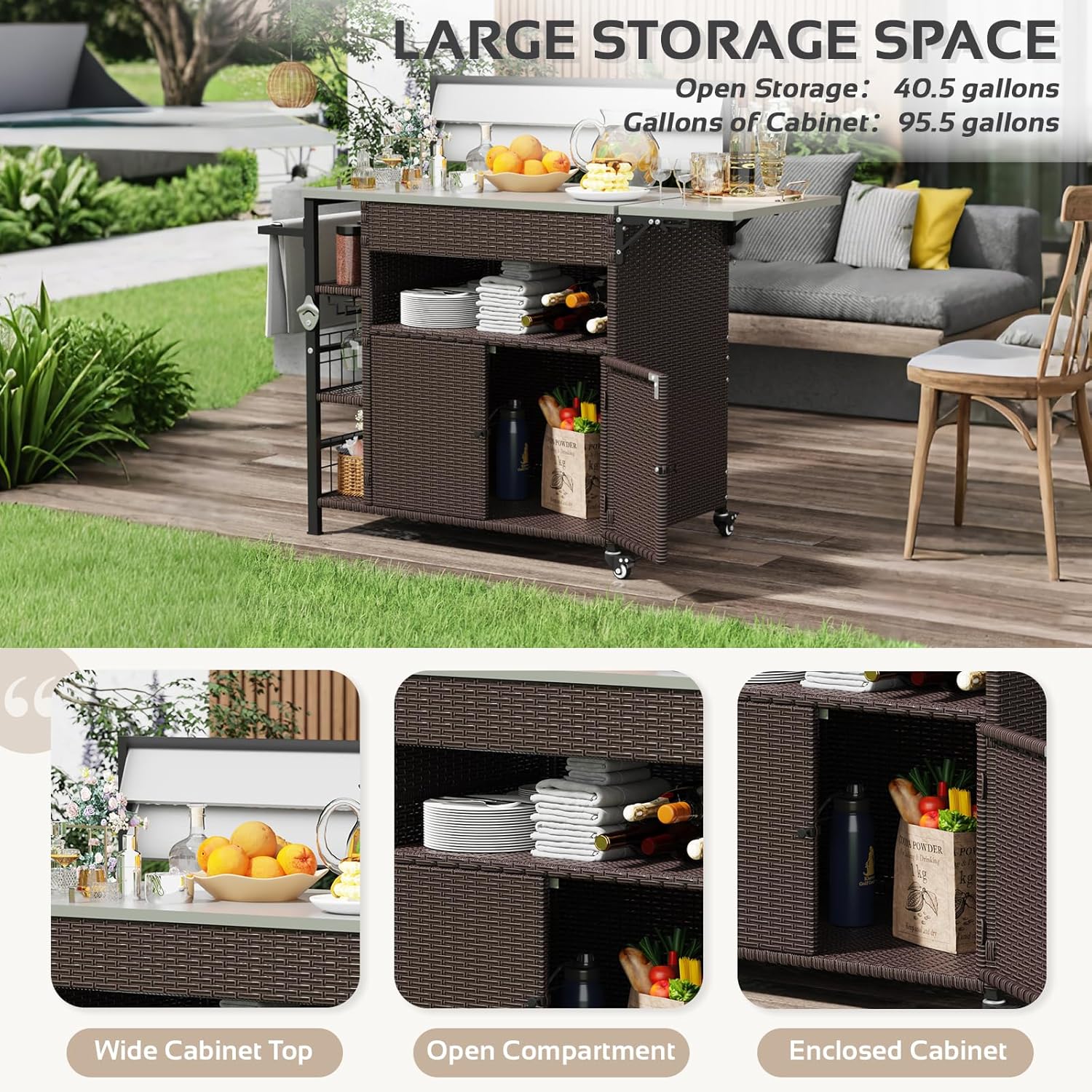 60'' Outdoor Grill Cart with Storage, Patio Kitchen Island on Wheels&Spice Rack, Wicker Outdoor Grill Cart with Extended Stainless Steel Table Top Outdoor for Home Party Outside BBQ Bar