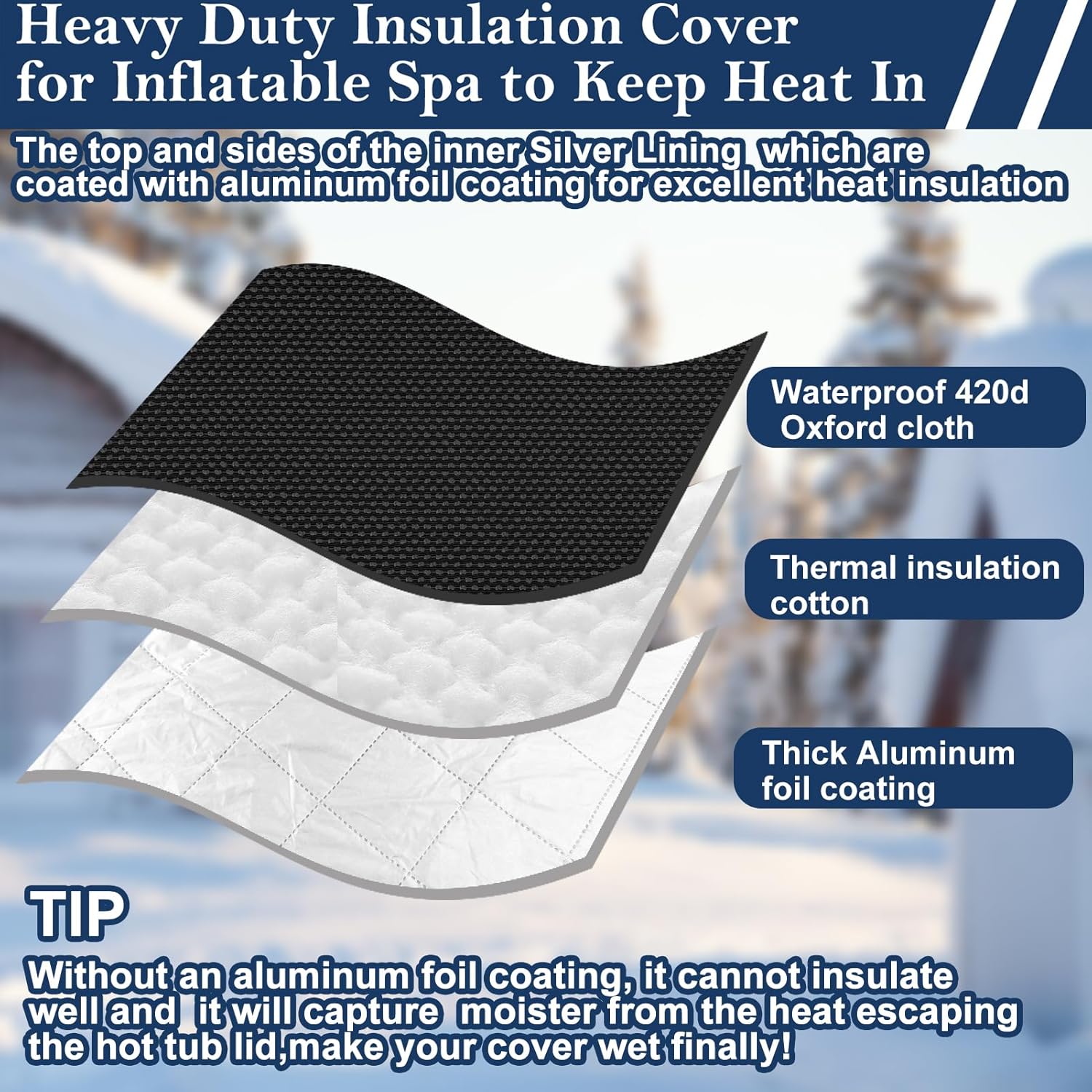 Insulated Inflatable Hot Tub Cover Round Full Coverage Hot Tub Thermal Cover Cap Dustproof Outdoor Energy Saving Spa Covers with Zipper Door and Adjustable Strap for Keeping Warm (Black, 73"D x 28"H)