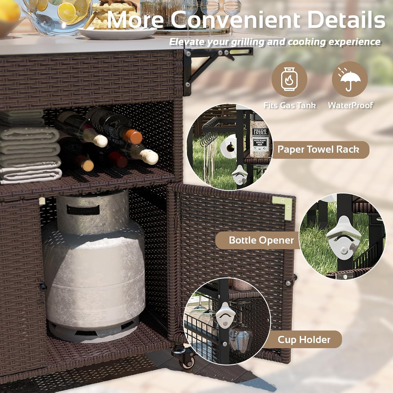 60'' Outdoor Grill Cart with Storage, Patio Kitchen Island on Wheels&Spice Rack, Wicker Outdoor Grill Cart with Extended Stainless Steel Table Top Outdoor for Home Party Outside BBQ Bar