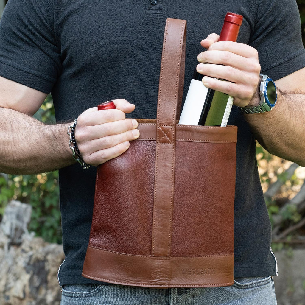 Double Wine Carrier Bag – Leather Wine Tote for Two Bottles with Handle – Protective Carrier for Picnic, Wine Champagne Gift Bag (Sunset)