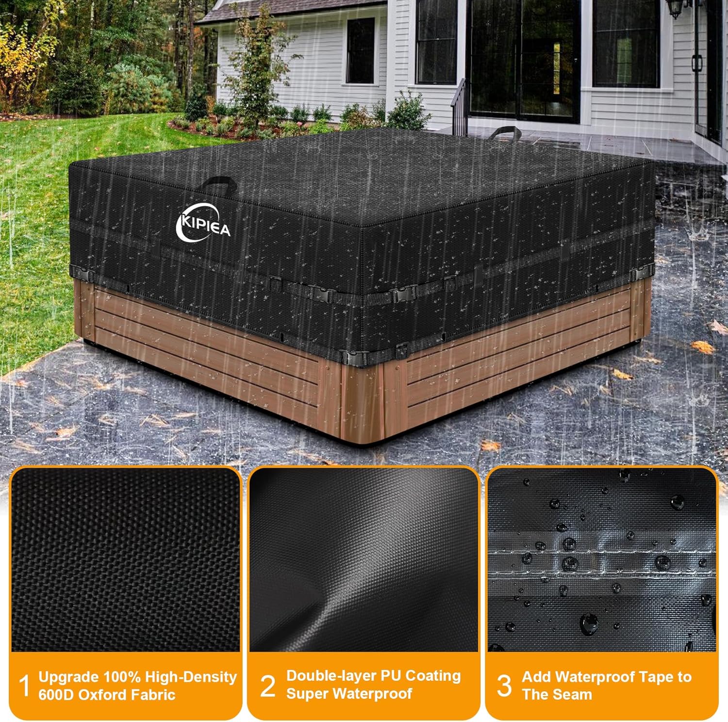 Kipiea 600D Outdoor Waterproof Square Hot Tub Cover Protector, Heavy Duty Polyester SPA Cover UV Protection Cover 85" L x 85" W x 20" H, Black