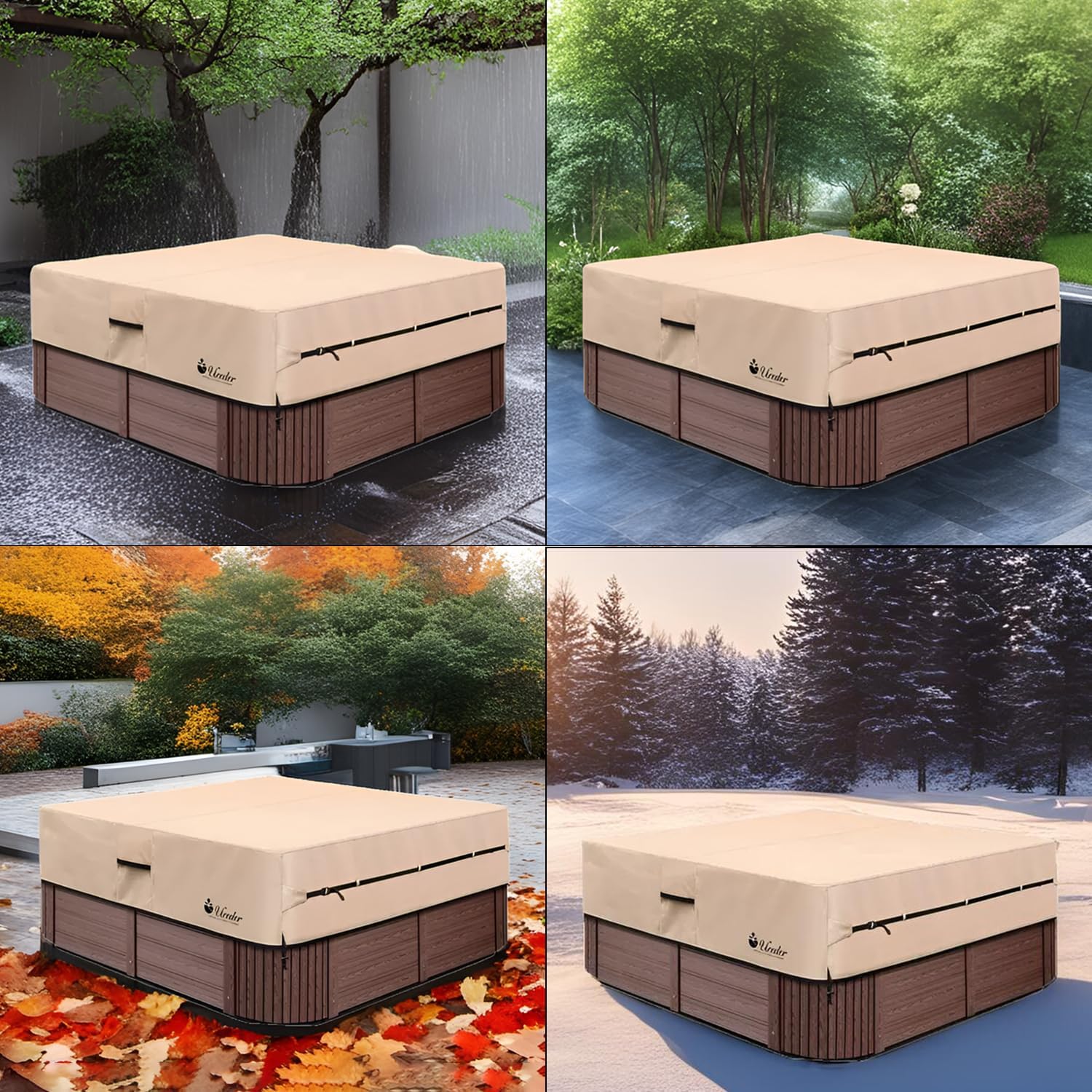 UCEDER Waterproof Hot Tub Cover Outdoor Spa Cover (91''x 91''x20) 600D Heavy Duty Polyester Hot Tub Cover Protector(Brown)