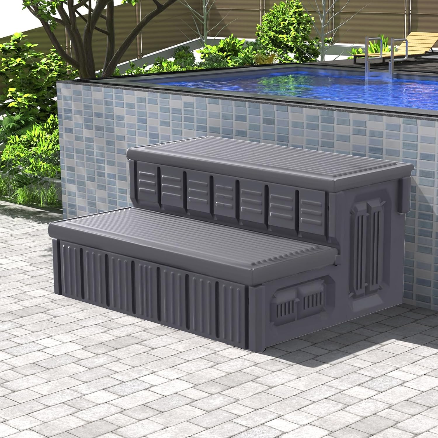 Hot Tub Steps, Outdoor Spa Steps with Storage, Non-Slip & Sturdy Hot Tub Stairs, 36 Inches Long, Black