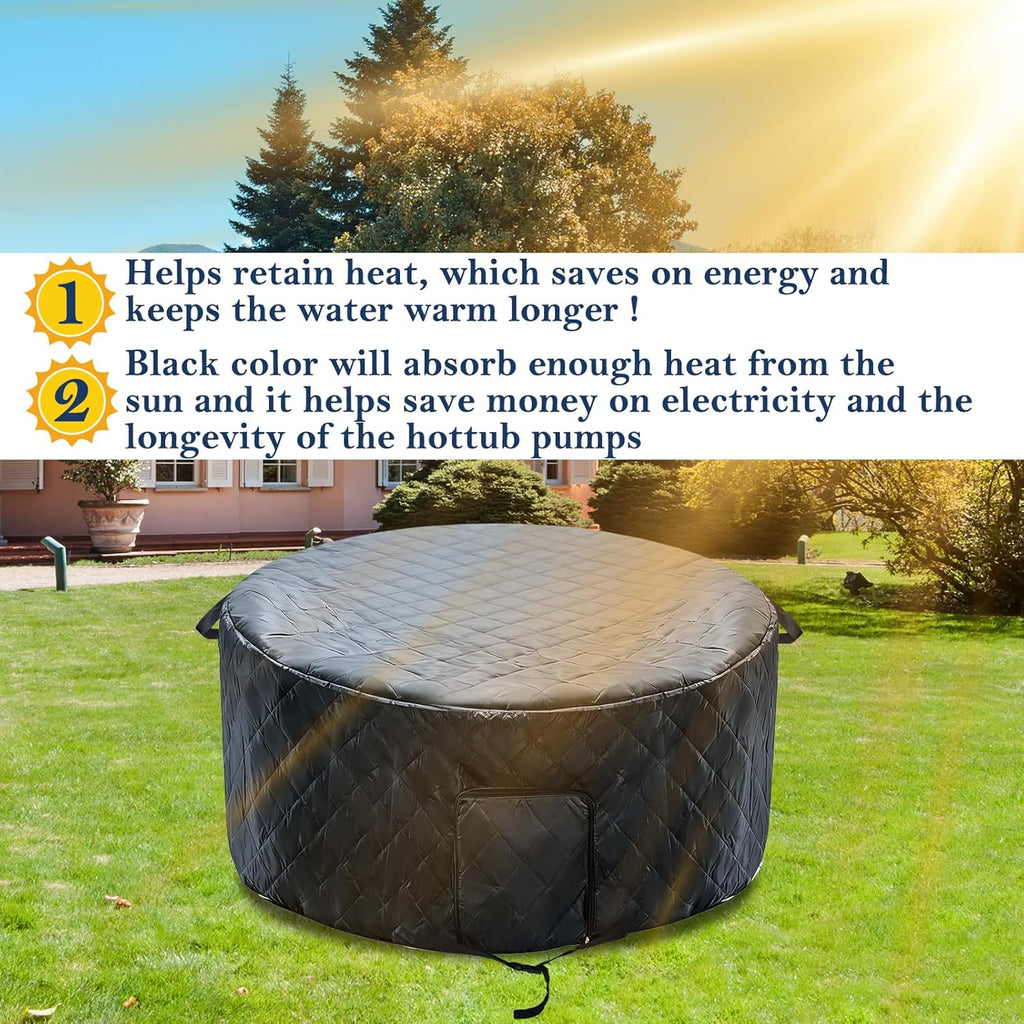 Insulated Inflatable Hot Tub Cover Round Full Coverage Hot Tub Thermal Cover Cap Dustproof Outdoor Energy Saving Spa Covers with Zipper Door and Adjustable Strap for Keeping Warm (Black, 73"D x 28"H)